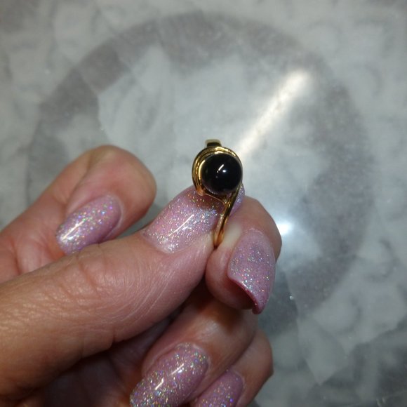 18k Yellow Gold Electroplate Black Onyx Dolphin Ore Ring - Picture 8 of 9